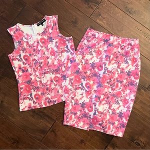 Wendy Williams pink white floral stretchy 2-piece dress set top + pencil skirt S